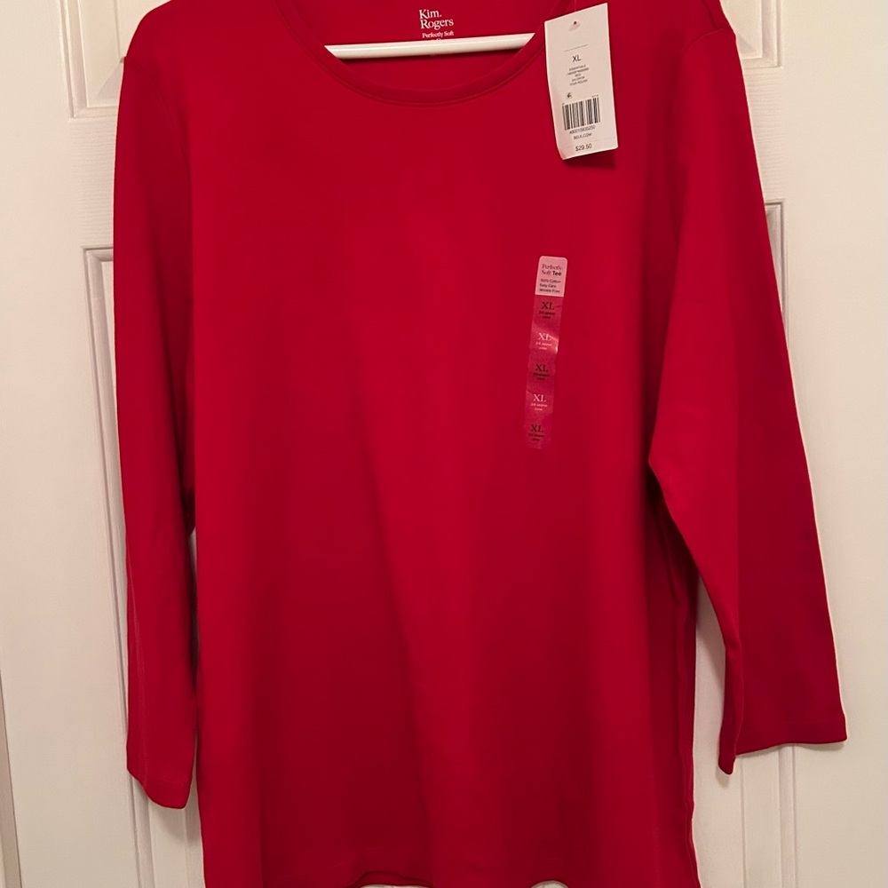 Kim Rogers Perfectly Soft Red 100% Cotton Long Sleeve Top